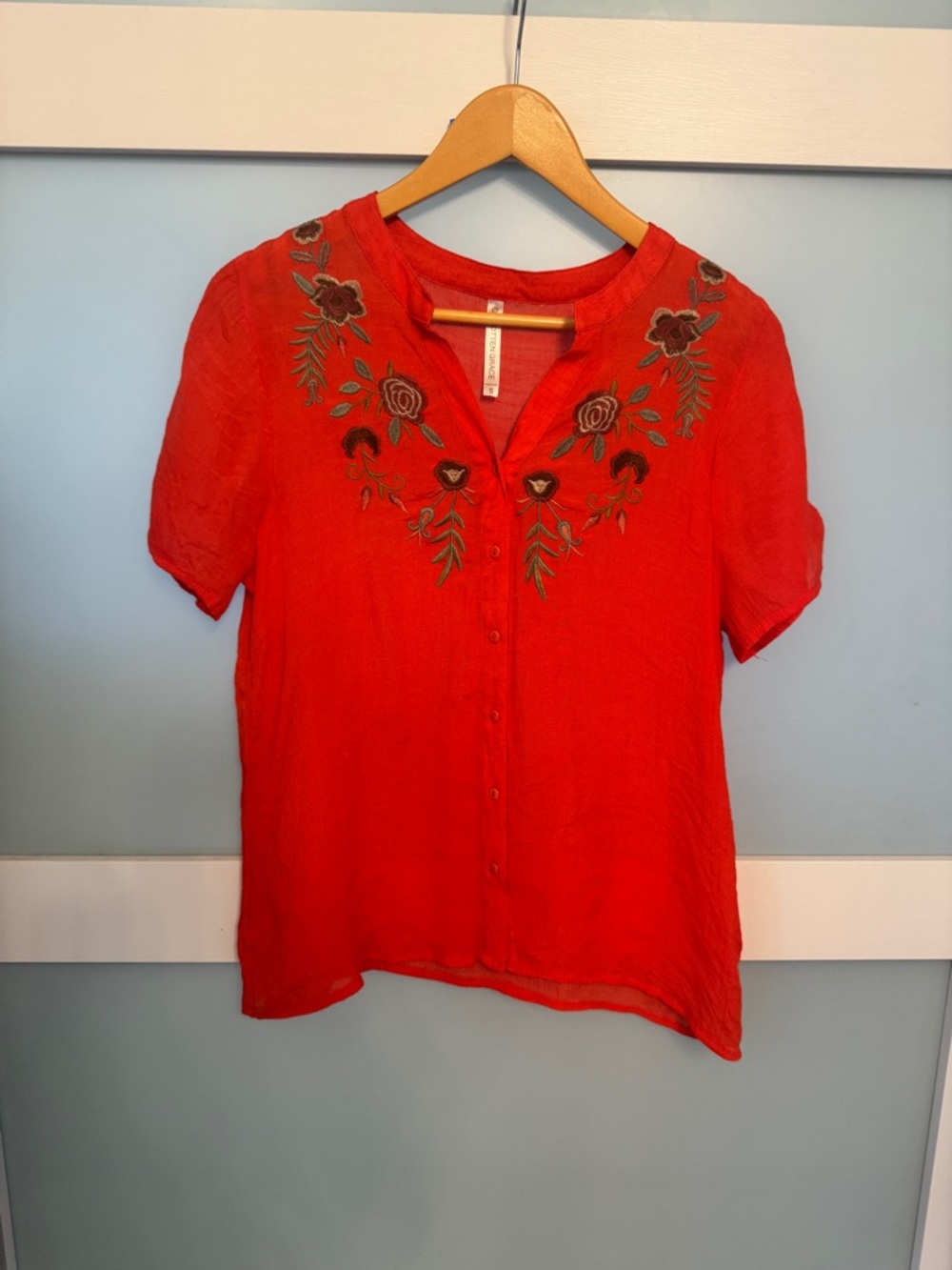 Red Embroidered Button-Front Women's Top
